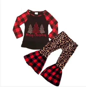 Crianças de meninas bebê outono inverno de manga comprida xadrez carta tops leopard flare pants criança Natal NATAL roupas conjuntos de 2pcs 6M-5Y