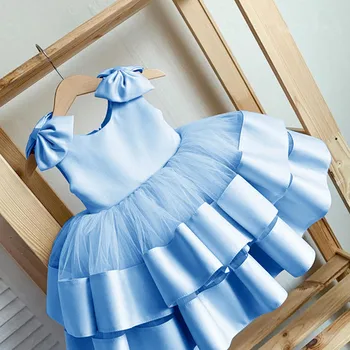 Imagem Real Inchados de Vestidos da Menina de Flor para a Noiva Camadas de Cetim Arco de Crianças Vestido de Princesa Arco do Ombro Crianças da Primeira Comunhão Vestidos