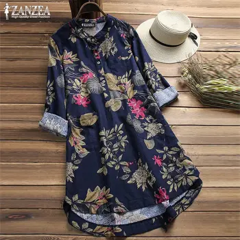 ZANZEA 2021 Floral, Camisa de Vestido das Mulheres Sundress Casual Impresso Tops Botão Túnica Vestidos Kaftan Mulher Veste Blusas Plus Size 5XL