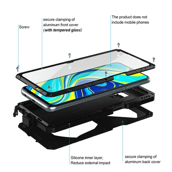 A Proteção resistente Armadura de Metal de Alumínio Caso De Telefone Xiaomi Redmi Nota 9s Vidro Temperado Protetor de Tela à prova de Choque Tampa