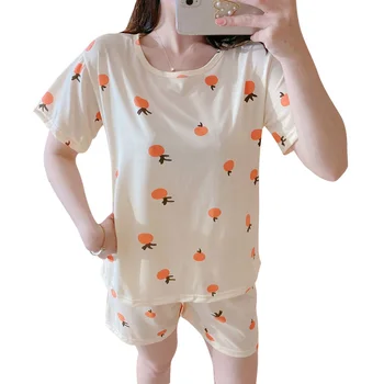 2020 Solto e Casual Pijamas de Verão Bonito Pijama Conjunto Para as Mulheres Suor T-Shirts e Shorts Laranja Fruto de Impressão Menina Pjs Homewear