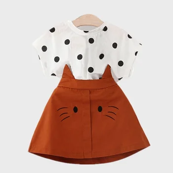 2020 Novas Bolinhas Tops+gato saia de Meninas Bebê Gatinho Bonito 2pcs Conjunto de Vestido Conjunto de Blusa de Manga Curta Elegante e Linda de mini saias
