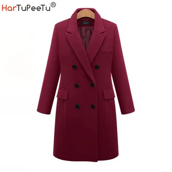 2020 Inverno Casaco de Lã Mulheres de Longa Parkas Casaco Preto Elegante Vermelho 4 Cores Sobretudo S~5XL Plus Size Outwear