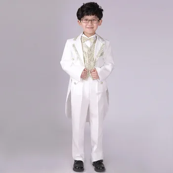 Meninos Formal, Vestido de Smoking Piano Traje de Flores Menino de Aniversário de Casamento Ternos 5pcs Jaqueta + Colete + Camisa + Calça + Gravata F60