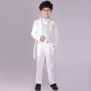 Meninos Formal, Vestido de Smoking Piano Traje de Flores Menino de Aniversário de Casamento Ternos 5pcs Jaqueta + Colete + Camisa + Calça + Gravata F60