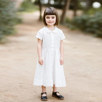 Meninas de algodão gola boneca de vestido de 2020 verão para crianças novo manga curta de algodão e linho balanço do vestido