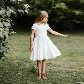 Meninas de algodão gola boneca de vestido de 2020 verão para crianças novo manga curta de algodão e linho balanço do vestido
