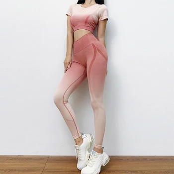 2 peças de Conjunto de Mulheres de Yoga Gradiente de Desportos T-shirt Execução de Fitness Calça Slim Cintura Alta Hip Calças de Roupas de Ginástica Yoga Terno