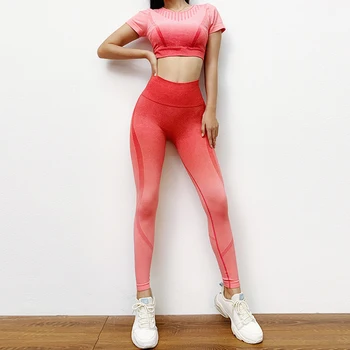 2 peças de Conjunto de Mulheres de Yoga Gradiente de Desportos T-shirt Execução de Fitness Calça Slim Cintura Alta Hip Calças de Roupas de Ginástica Yoga Terno