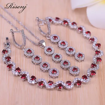 Risenj Lucky Colors Red Cubic Zirconia Silver Color Jewelry set For Women Earrings Necklace Bracelet Set Engagement Present