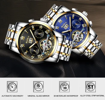 2020 moda da marca de luxo homens relógio de pulso, relógio automático de aço inoxidável couro genuíno