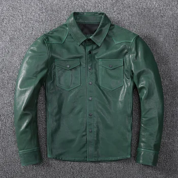 O transporte livre,a moda verde de curtimento de pele de Carneiro camisa.qualidade de jovem magro genuíno jaqueta de couro.soft slim camisa de couro.