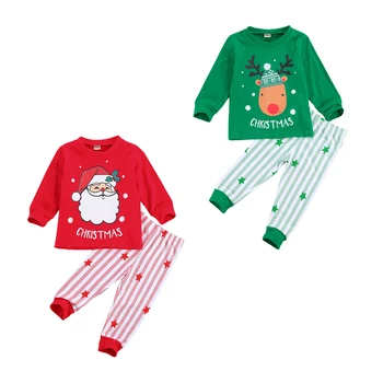 2 Pcs para Crianças de Algodão Natal Pijama Conjunto de Papai Noel Elk Gola Redonda, Manga Longa Casual Pulôver, Listra Estrelas Calças Soltas