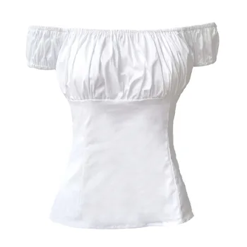 As mulheres do Vintage Design Tops, Blusas de 50, 60 Off Ombro Babados Camisa lombar Camponês Preto Branco S-2XL Plus Size Blusa Sexy