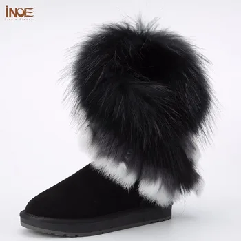 INOE real de pele de raposa de pele de carneiro de couro de ovelha forrado de peles de moda de camurça botas de neve de inverno para as mulheres sapatos de inverno preto marrom borlas