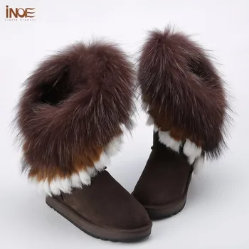 INOE real de pele de raposa de pele de carneiro de couro de ovelha forrado de peles de moda de camurça botas de neve de inverno para as mulheres sapatos de inverno preto marrom borlas