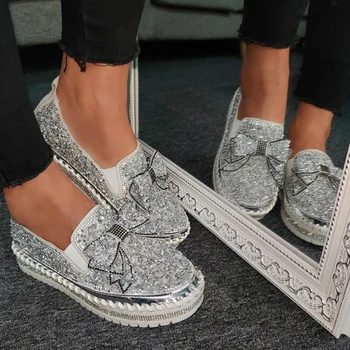Designer de moda as Mulheres Strass Bling Borboleta Nó do Dedo do pé Redondo Flats Deslizar sobre a Costura de Luxo Casual Sapatos Zapatos De Mujer 2020