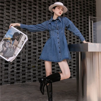 [EAM] Mulheres Irregular Bandagem Azul Vestido Jeans Nova do Virar para baixo de Gola Manga Longa Solta Moda Maré de Primavera Outono 2021 1DD3300