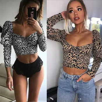 2019 Mulheres Da Moda Leopard Print Top Sexy Pescoço De Colher Manga Longa Verão Bustier Crop Top Tops Veste Blusa Camisa