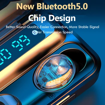 TWS Bluetooth 5.0 Fones de ouvido sem Fio Bluetooth fone de ouvido impermeável 2000mah do banco do poder 9D Estéreo Display de LED Com Microfone