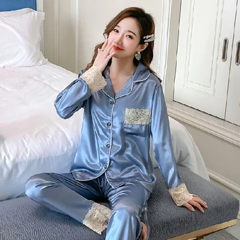 2020 Novas Outono Inverno Mulheres Pijamas de Seda de Longa Tops Definido Feminino Pijama Conjunto NightSuit sólido Pijamas Conjuntos de Calça comprida Mulheres da Noite