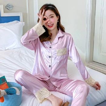 2020 Novas Outono Inverno Mulheres Pijamas de Seda de Longa Tops Definido Feminino Pijama Conjunto NightSuit sólido Pijamas Conjuntos de Calça comprida Mulheres da Noite