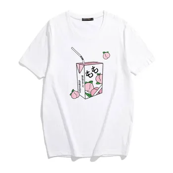 Mulheres Kawaii T-shirt Branca de Suco de Pêssego Japanses Estilo T-Shirt das Mulheres de Verão Casual Tumblr Roupa de Moda de Topo Tshirt