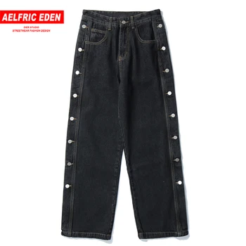 Aelfric Eden Hip Hop Casual Reta Calças De Homens Streetwear Solto Do Lado Do Botão Do Jeans 2020 Harajuku Oversized Corredores De Homens Calças