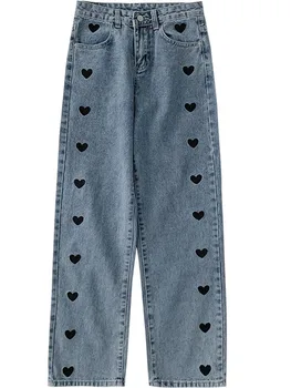 Mulheres Jeans 2021 Primavera Bordado De Coração Streetwear Cintura Alta Largura De Perna Longa Calças Vintage Casual Baggy Jeans Reta Calças