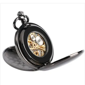 Elegante Preto Liso Steampunk Mecânica Relógio de Bolso de Vento de Até Fob Cadeia Breve Número Romano Clássico e Elegante para Homens Mulheres Presentes