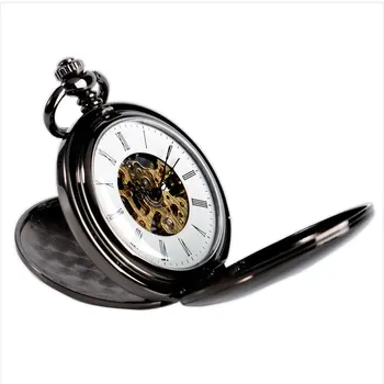 Elegante Preto Liso Steampunk Mecânica Relógio de Bolso de Vento de Até Fob Cadeia Breve Número Romano Clássico e Elegante para Homens Mulheres Presentes