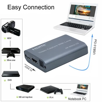 4K 60HZ USB 3.0, Saída de Loop de Áudio, Placa de Captura de Vídeo 1080P a 60fps HDMI Video Grabber Caixa para PS4 Jogo Gravador de Câmera ao Vivo Streaming
