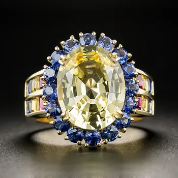 Bamos Yellow & Blue Zircon Antique Ring Luxury Oval Engagement Wedding Rings For Women Vintage Gold Color Jewelry Gift