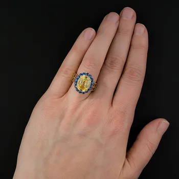 Bamos Yellow & Blue Zircon Antique Ring Luxury Oval Engagement Wedding Rings For Women Vintage Gold Color Jewelry Gift