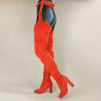 LAIGZEM SUPER Mulheres de Coxa Alta Chap Botas de Camurça com cinto de Zip de Lado Chunky Salto de Inicialização de Volta Zip Sapatos de Mulher Grande Tamanho 42 43 47