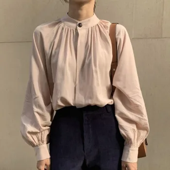 2020 Novas Coreano Chique Mulheres Tops Outono Um Botão Plissado Retro Soltas, Camisas Manga Longa Feminina Sólido Casual Simples Blusa