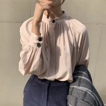 2020 Novas Coreano Chique Mulheres Tops Outono Um Botão Plissado Retro Soltas, Camisas Manga Longa Feminina Sólido Casual Simples Blusa
