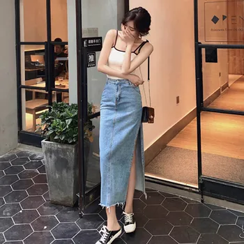 Dividir Longas Saias Do Denim Das Mulheres Botão Bolsos Do Jeans, Saias Verão Coreano Vintage Sexy Midi Saia Trespassada Plus Size Casual