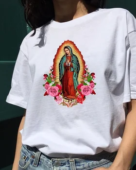 HAHAYULE-JBH Guadalupe, Saint Virgem Maria Com Rosas T-Shirt das Mulheres Casual Mangas Curtas Cristã Tee Fé Católica Camisa
