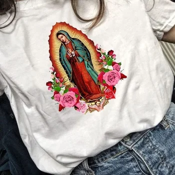 HAHAYULE-JBH Guadalupe, Saint Virgem Maria Com Rosas T-Shirt das Mulheres Casual Mangas Curtas Cristã Tee Fé Católica Camisa