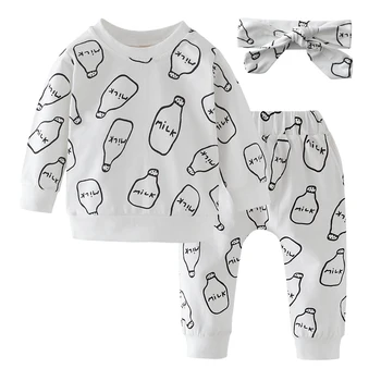 Os recém-nascidos Roupas de Meninas Branco de Manga Longa Leite de Impressão de T-shirt Tops+Calças+Headband Bonito 3Pcs Outono Conjunto de Roupas de Bebê
