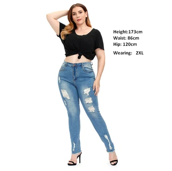 Mulheres Plus Size Ripped Jeans Push-Up Bunda Levantamento Namorado de Tamanho Grande Jean Elástico, Elástico na Cintura, Denim, Calças de ouc711