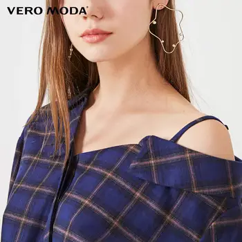 Vero Moda feminina Xadrez Off Ombro Algodão 3/4 Mangas de Camisa | 319331550