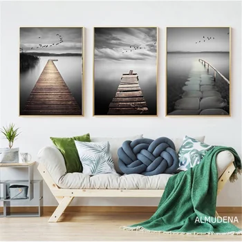 Nordic Pôster Simples Preto E Branco Ponte De Madeira Seascape Tela De Pintura, Decoração De Sala De Estar De Parede Imagens De Arte