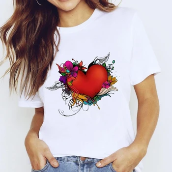 Dlrn Verão as Mulheres de Coração Imprimir T-Shirt S-3XL Plus Size de Manga Curta, Camisetas, Tops Casual Simples O-Pescoço Feminino Camisetas de Amor de Casal de Cima