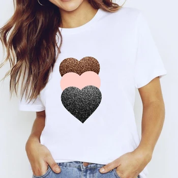 Dlrn Verão as Mulheres de Coração Imprimir T-Shirt S-3XL Plus Size de Manga Curta, Camisetas, Tops Casual Simples O-Pescoço Feminino Camisetas de Amor de Casal de Cima