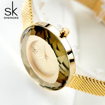 SHENGKE Senhoras de Luxo Prisma Fac Ouro Relógio de Presente de Relógios de Marca de Quartzo Mulheres Relógios de Vestir Moda de Relógios de pulso Relógio Feminino