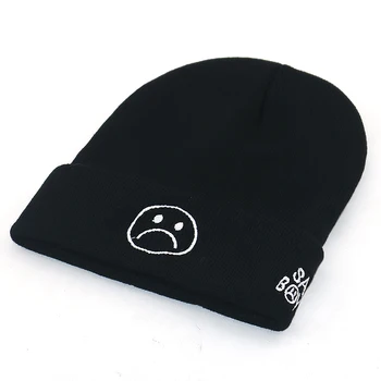 Unissex, moda de inverno, chapéus bordados triste menino de rosto chapéu de algodão preto flexível gorro de malha cap hip hop de esqui caps Panamá