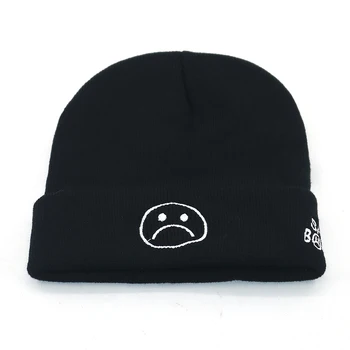 Unissex, moda de inverno, chapéus bordados triste menino de rosto chapéu de algodão preto flexível gorro de malha cap hip hop de esqui caps Panamá