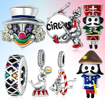 Circo série de jóias tambor palhaço selo Leão Bandeira Charme Esferas de moda pulseira pingente Bijoux 925 prata esterlina